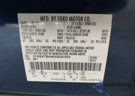 2016 Ford Explorer z USA, uszkodzony, nr VIN 1FM5K7BH4GGD21533